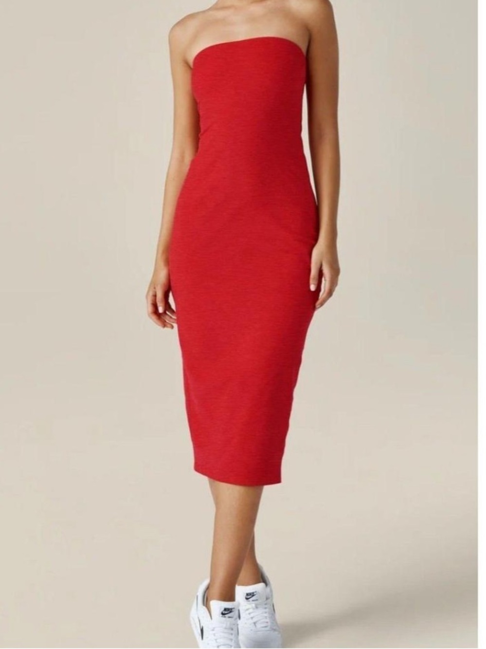 Beyond Yoga Strapless Red Midi Bodycon Dress